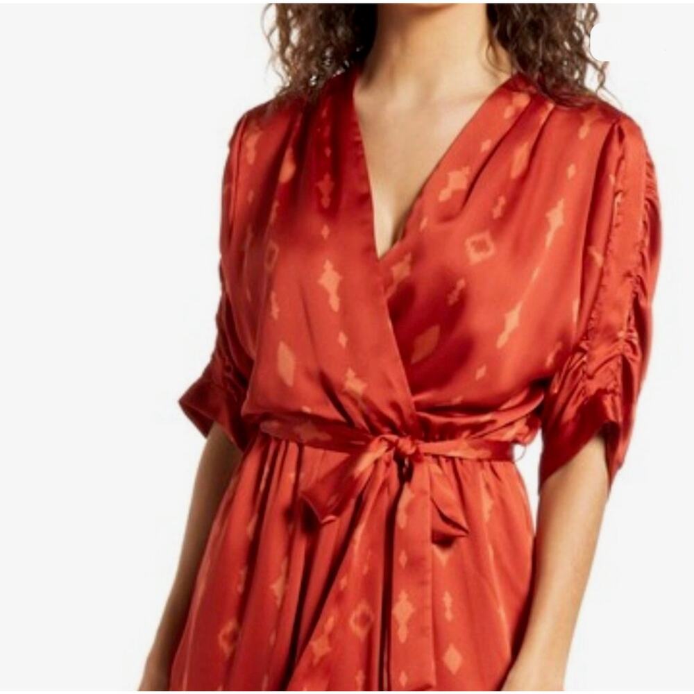 Fraiche by J Miro Faux Wrap Midi Dress Small Red Satin Flutter Sleeve Made USA